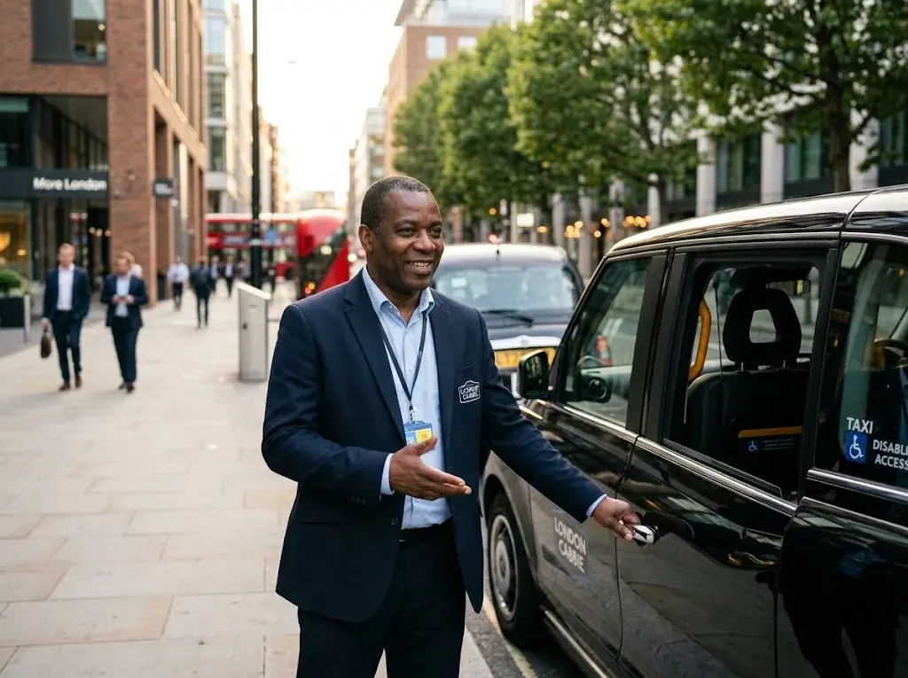 Smiling driver holding open the door of a black taxi on a London office street