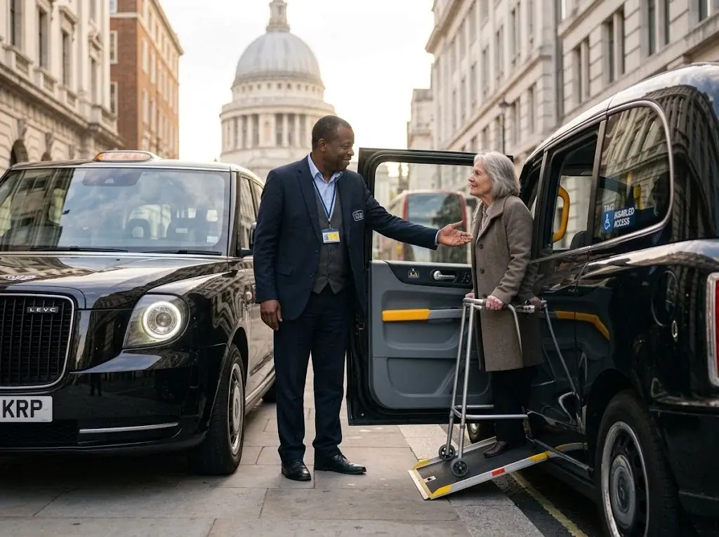 Driver assisting an older passenger beside a taxi with its wheelchair ramp lowered near St Paul's