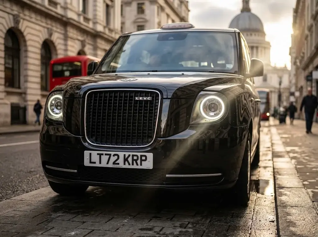 Front view of a black London cab with the dome of St Paul's Cathedral behind