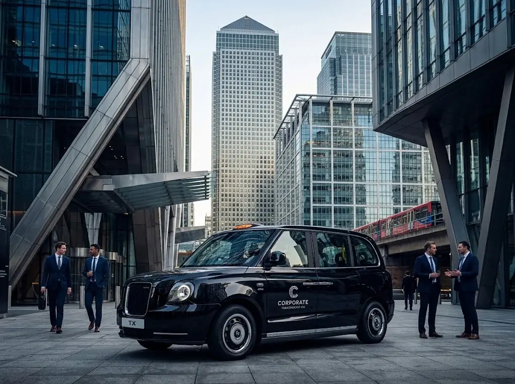 Black taxi parked outside a glass office tower in the City of London