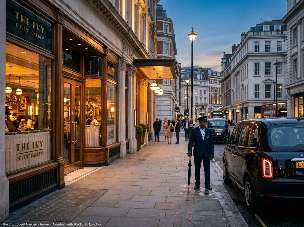 Black taxi and doorman outside a Covent Garden restaurant at night