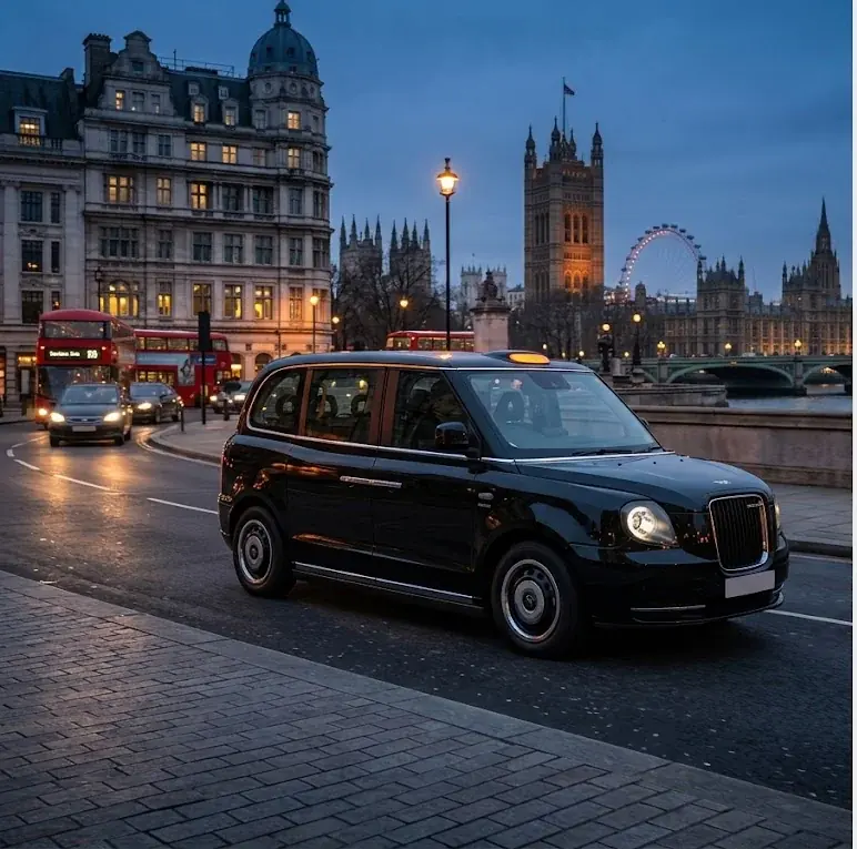Black taxi on Westminster Bridge at dusk with Parliament and the London Eye behind