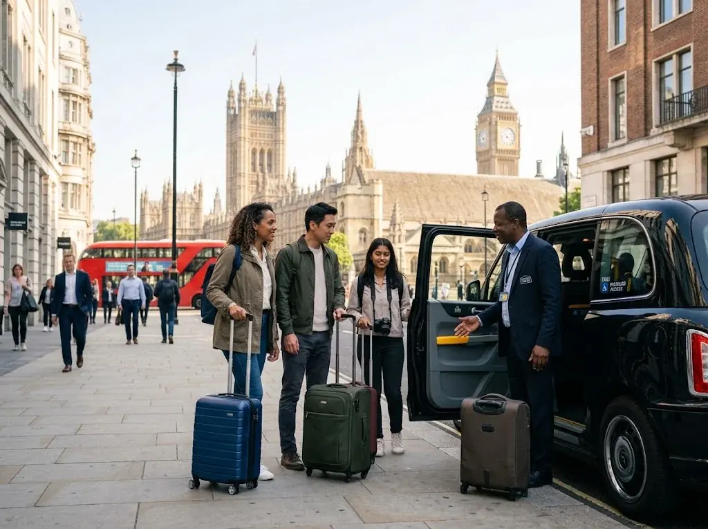 Family with suitcases loading luggage into a taxi with the Houses of Parliament behind