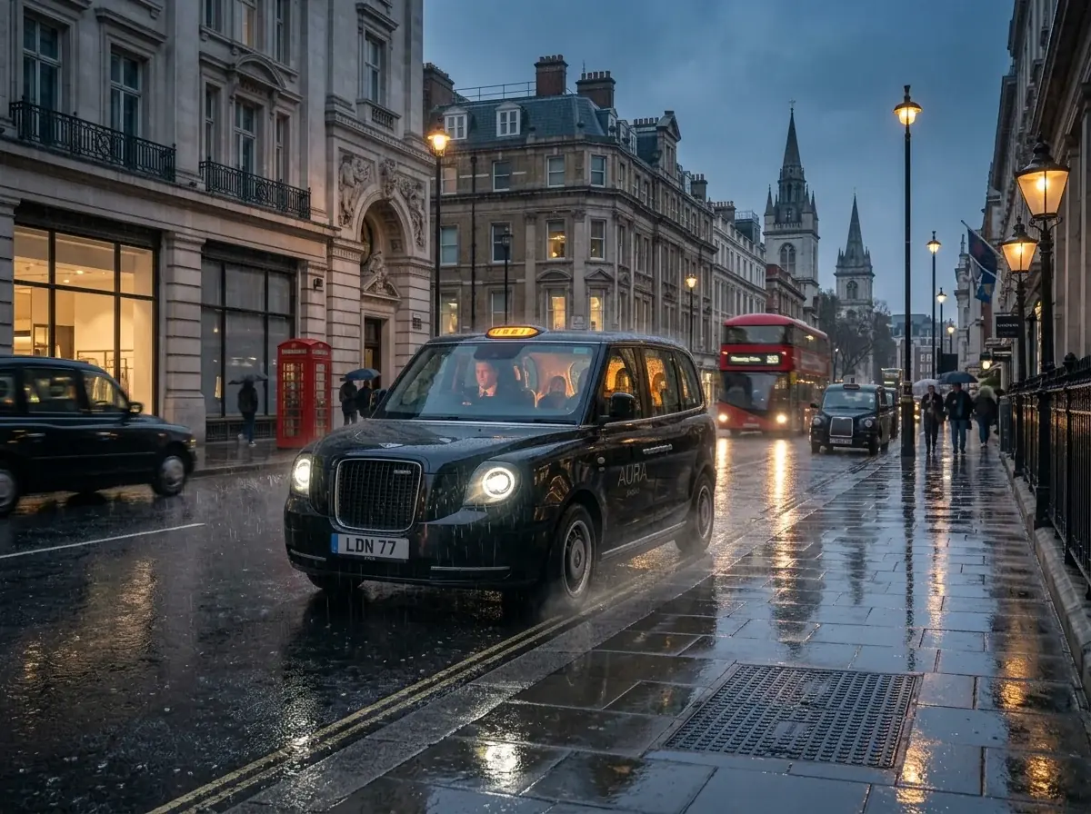 Black taxi driving along a rain-soaked London street at blue hour