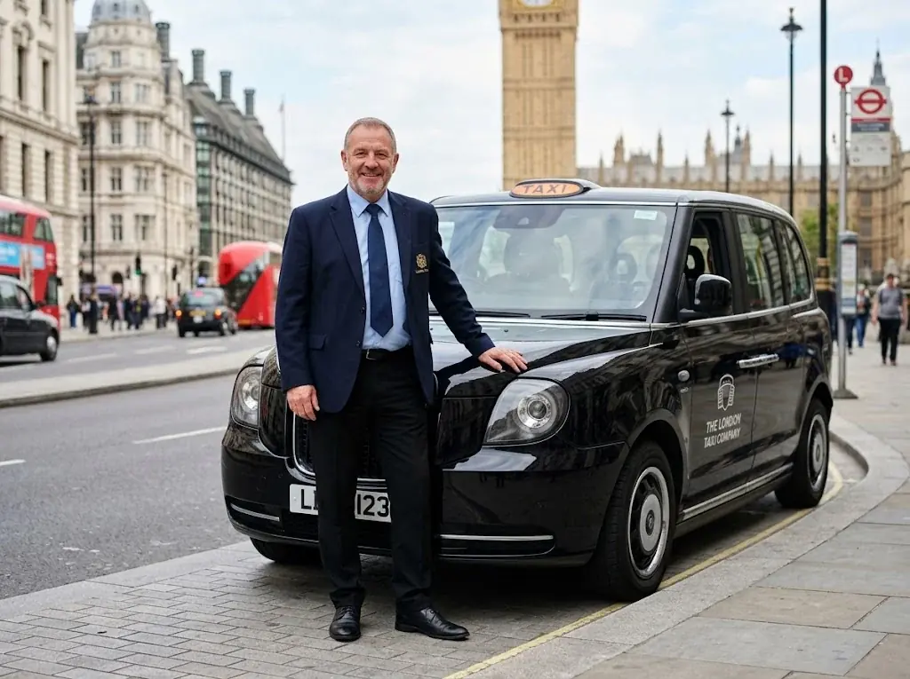 Licensed driver standing beside his black taxi near the Elizabeth Tower