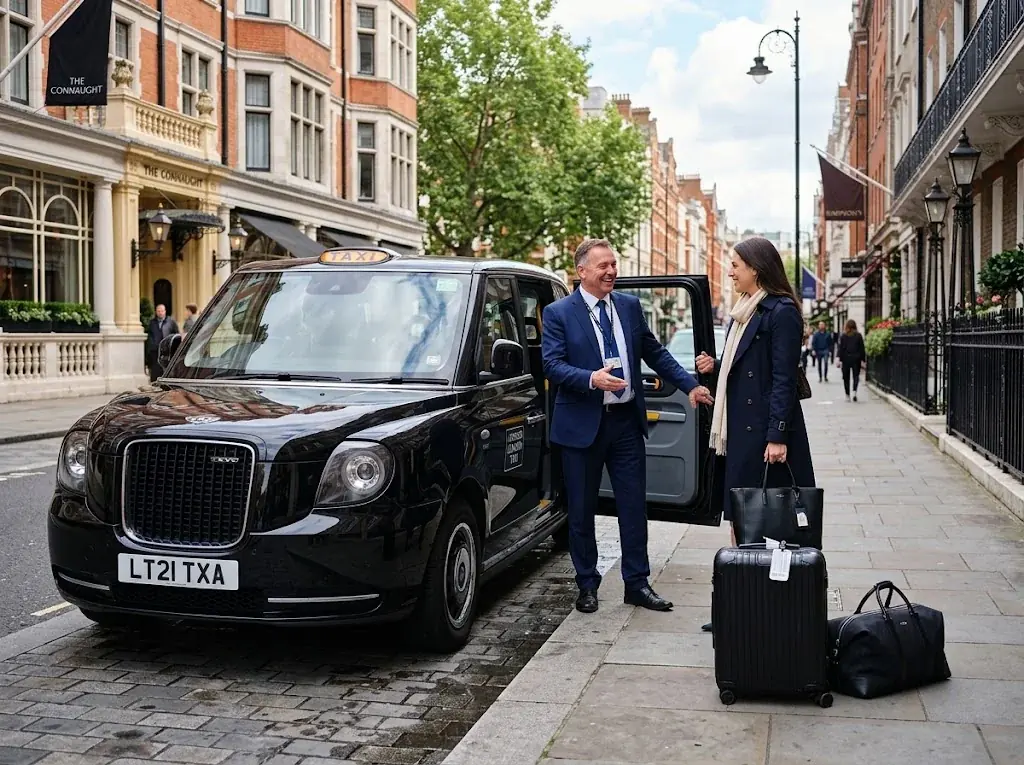 Driver greeting a businesswoman with luggage next to a black taxi