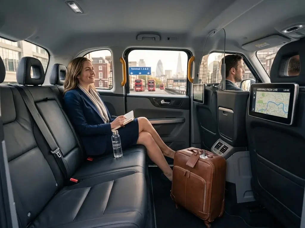 Passenger in a premium taxi interior with a navigation screen and fold-out table