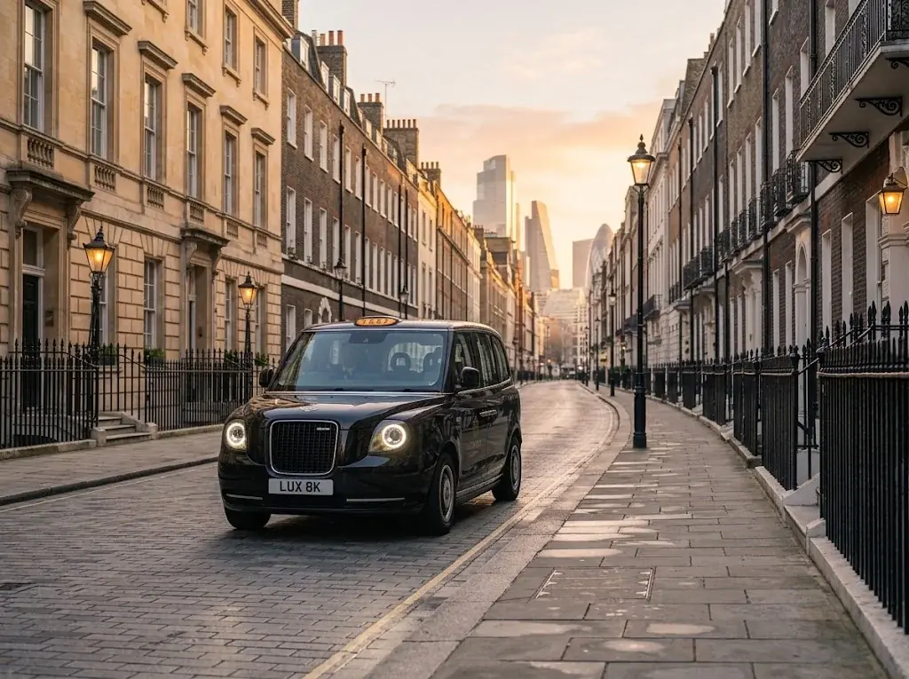 Black taxi on a quiet street of Georgian terraced houses at sunset