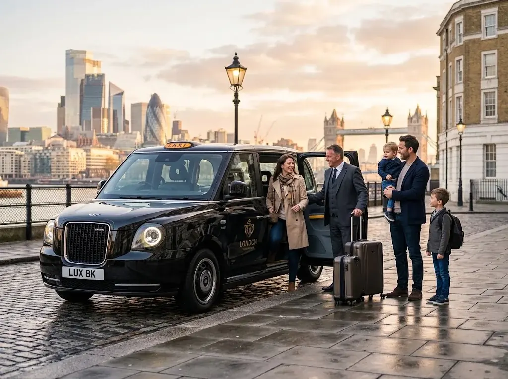 Family with luggage standing beside a black taxi on the Thames embankment at sunset