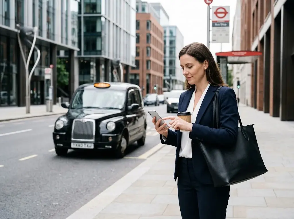 Woman booking a taxi on her phone at the kerbside as a black cab approaches