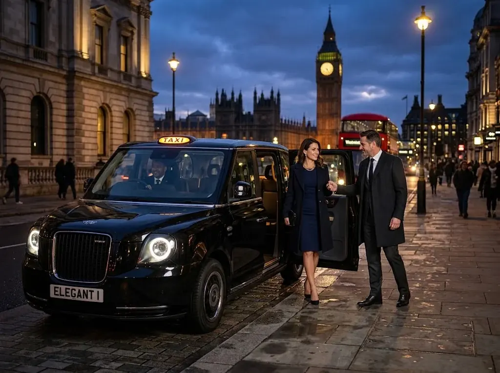 Couple boarding a black taxi at night near the Houses of Parliament