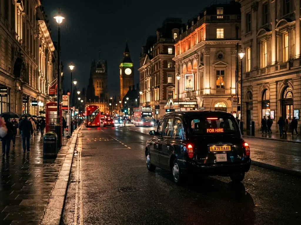 Black taxi on a busy West End street at night