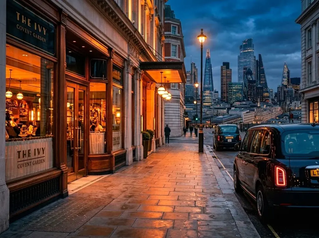 Black taxi waiting outside a restaurant at blue hour with the City skyline beyond